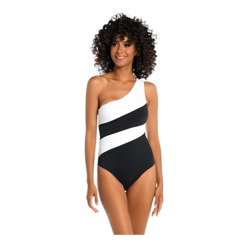 La Blanca Island Goddess Shirred One Shoulder One Piece - Black/White NWOT